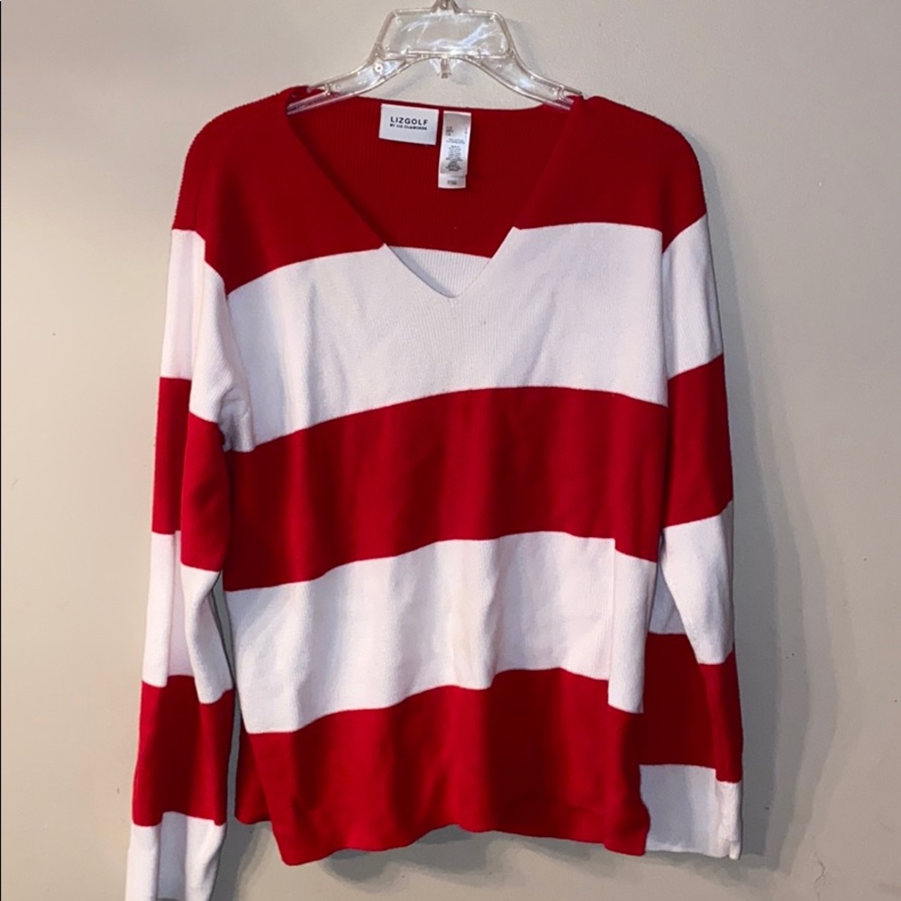 Women’s Red and White Striped V-Neck Sweater